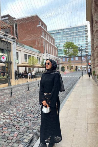 Ajur Triko Kemerli Elbise Siyah