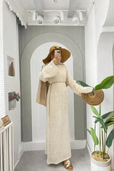 Ajur Triko Kemerli Elbise Ekru