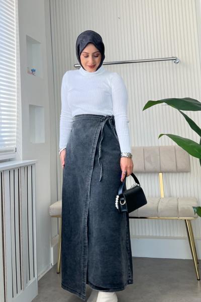 Bağcıklı Kot etek FÜME KOT