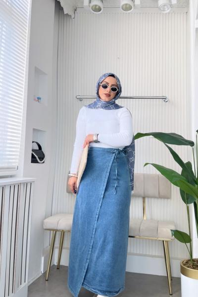 Bağcıklı Kot etek Gök Mavi