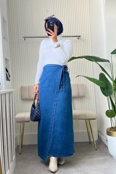 Bağcıklı Kot etek Mavi