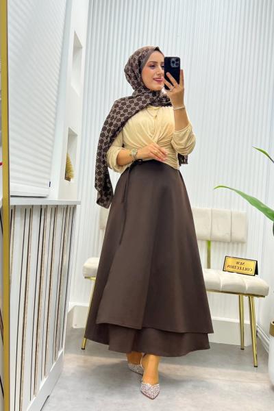 Bağcıklı Scuba Etek Kahverengi