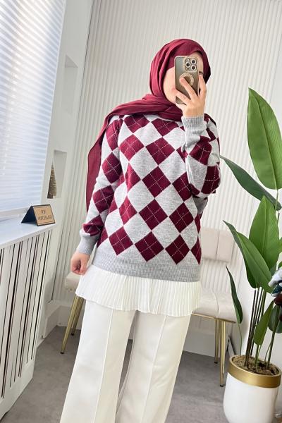 Baklava Desen Kazak Gri Bordo