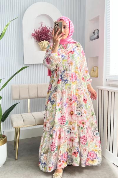 BÜYÜK ÇİÇEK DESEN ELBİSE Pembe