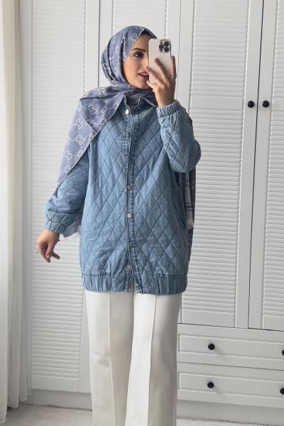 Denim Kapitone Kaban Açık Mavi