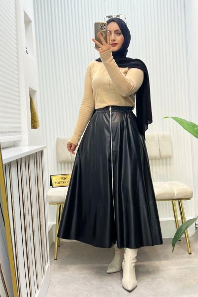 Deri Etek Fermuarlı Siyah