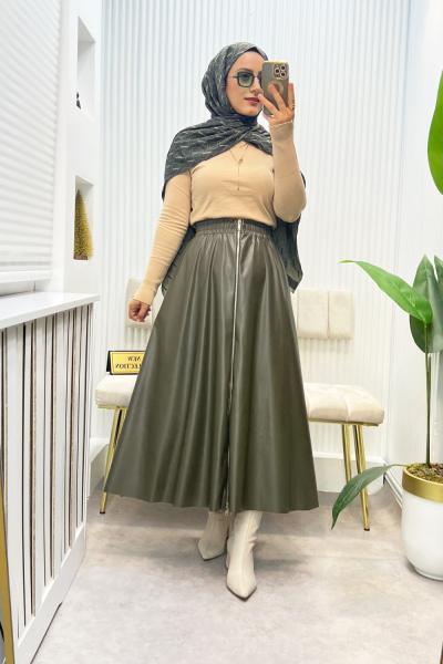 Deri Etek Fermuarlı Haki