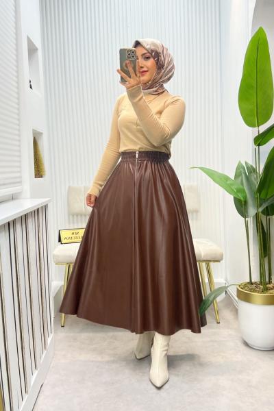 Deri Etek Fermuarlı Kahverengi