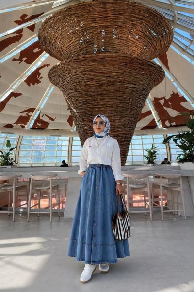 Düğmeli Etek kombin Mavi