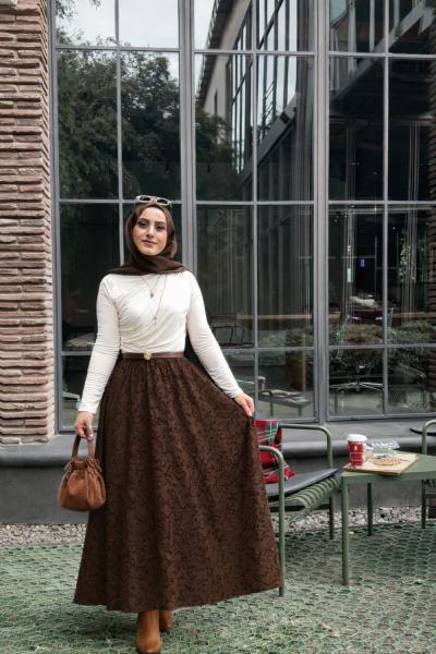 Düz flok etek Kahverengi