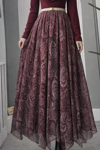 Etnik Desen Asimetrik Etek Bordo