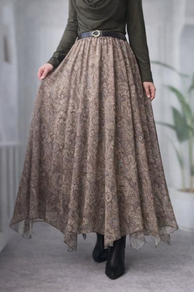 Etnik Desen Asimetrik Etek Haki