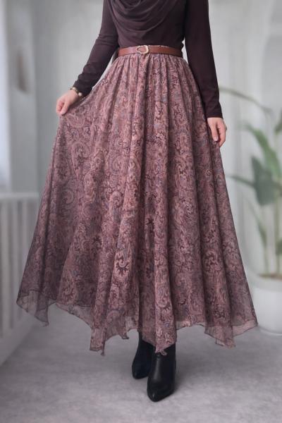 Etnik Desen Asimetrik Etek Kahverengi