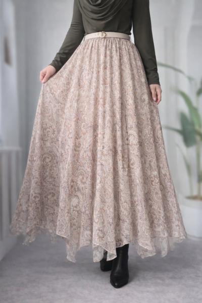 Etnik Desen Asimetrik Etek Taş Rengi