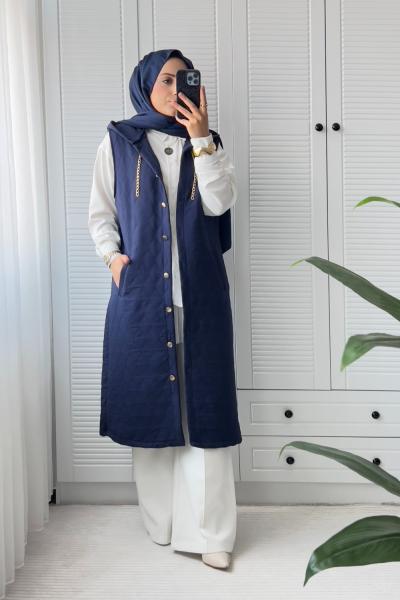 Kapitone Uzun Yelek Lacivert