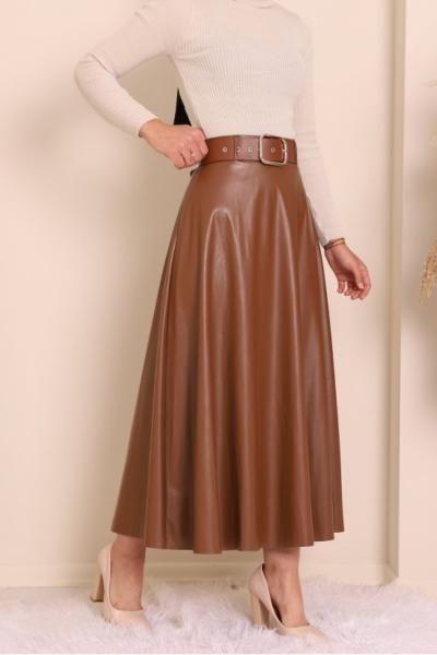 Kemerli Deri Etek Kahverengi