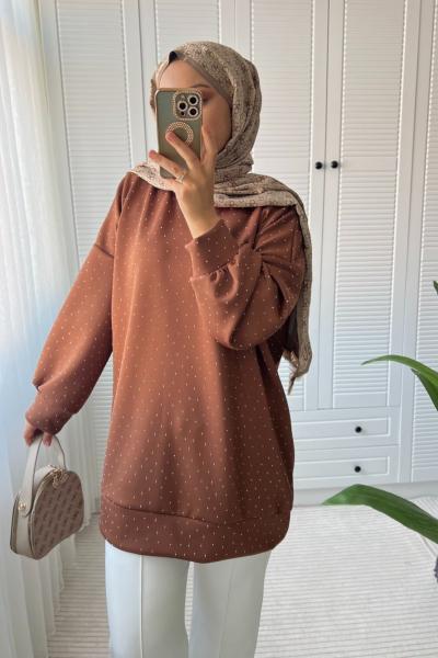 Scuba Taşlı Tunik Kahverengi