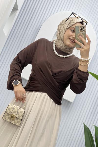 YAN DRAPE BLUZ Kahverengi